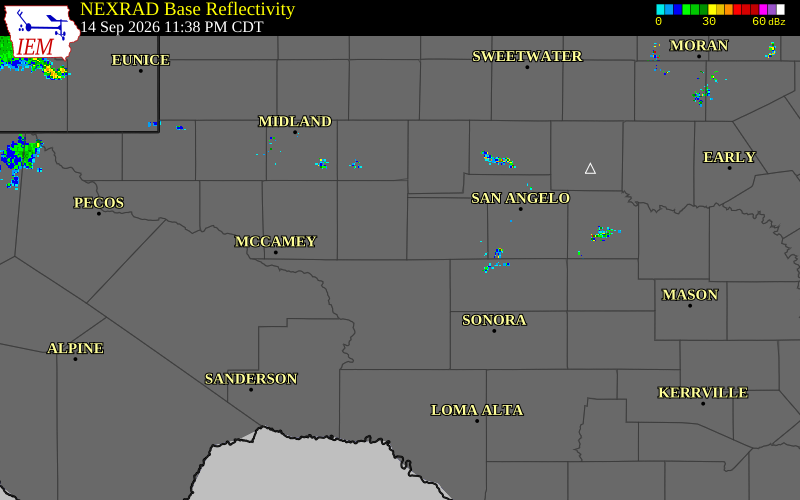 Current NEXRAD radar over Reagan County, Texas with recent storm report locations