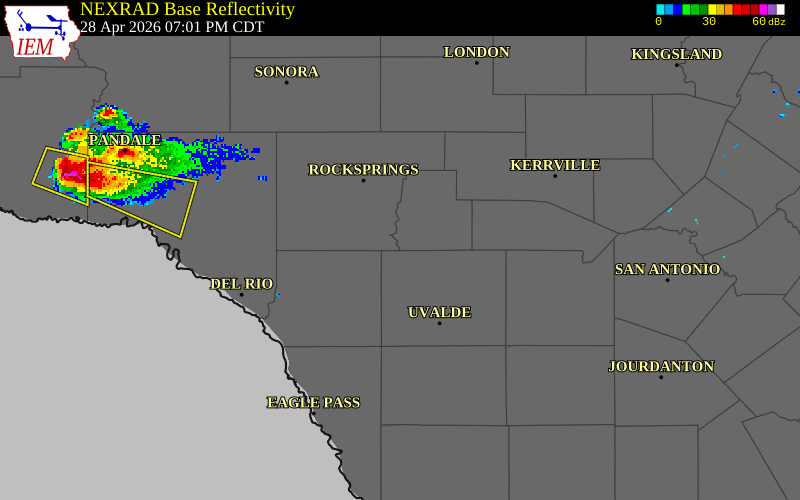 NEXRAD radar during the Tuesday, April 28, 2026 storm activity in Real County, Texas