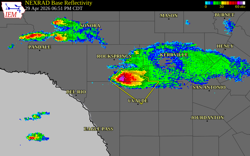 NEXRAD radar during the Wednesday, April 29, 2026 storm activity in Real County, Texas