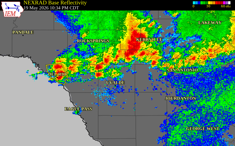 NEXRAD radar during the Tuesday, May 19, 2026 storm activity in Real County, Texas