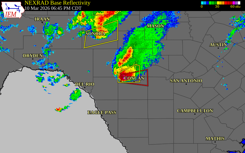 Radar snapshot during the Apr 29, 2026 hail event near 2 NW Camp Wood, Real County, Texas, with NWS warning polygons