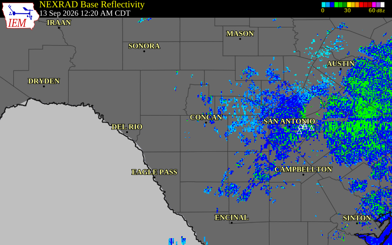 Current NEXRAD radar over Real County, Texas with recent storm report locations
