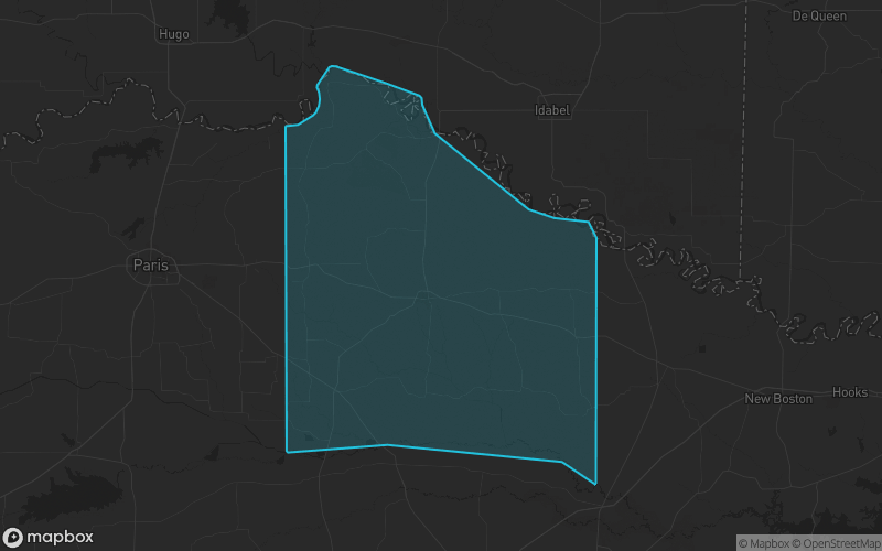 Map of Red River County, Texas showing the county boundary and surrounding cities