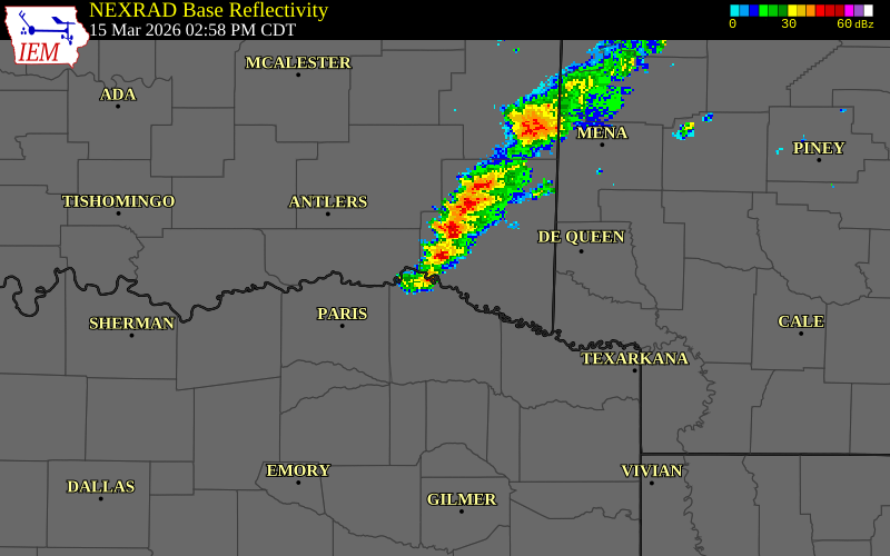 NEXRAD radar during the Sunday, March 15, 2026 storm activity in Red River County, Texas