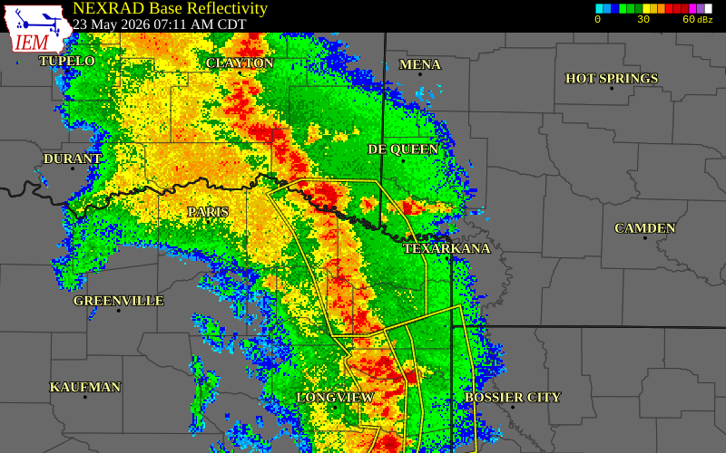 NEXRAD radar during the Saturday, May 23, 2026 storm activity in Red River County, Texas
