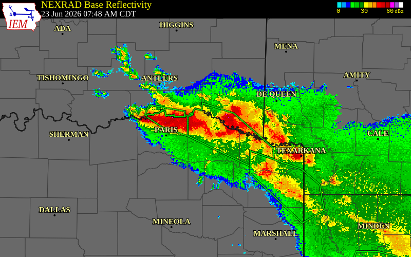NEXRAD radar during the Tuesday, June 23, 2026 storm activity in Red River County, Texas
