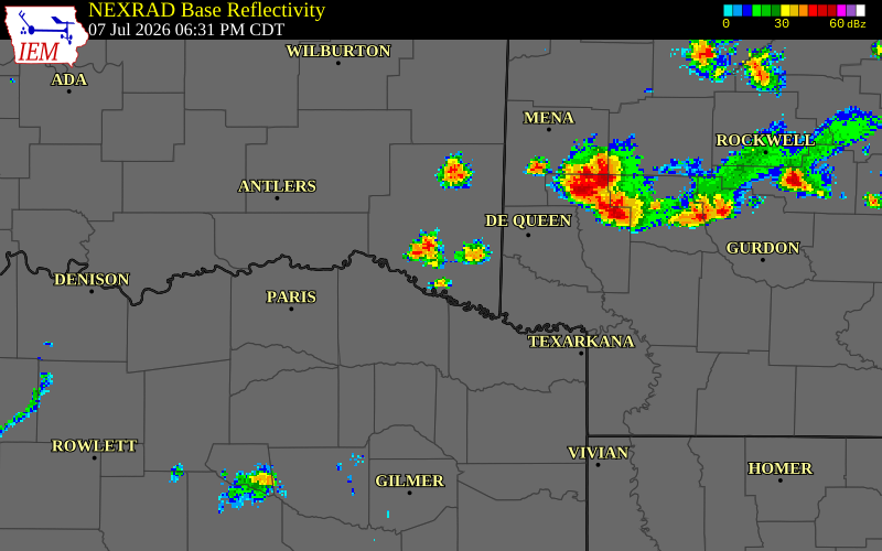 NEXRAD radar during the Tuesday, July 7, 2026 storm activity in Red River County, Texas