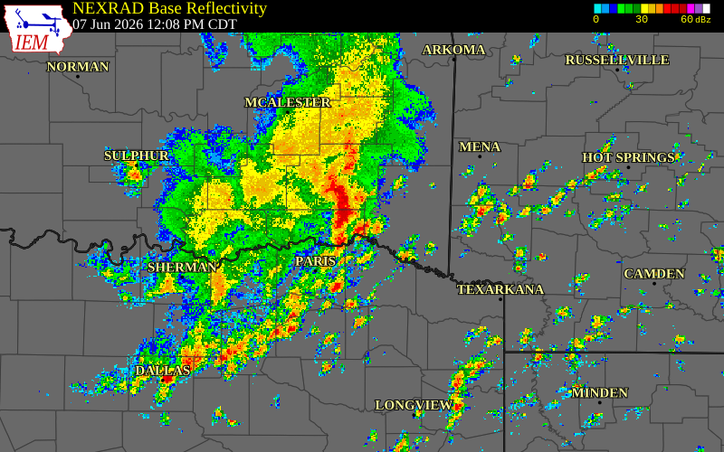 Radar snapshot during the Jun 7, 2026 wind event near Red River County, Red River County, Texas, with NWS warning polygons