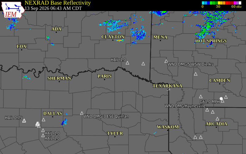 Current NEXRAD radar over Red River County, Texas with recent storm report locations