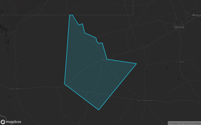 Map of Reeves County, Texas showing the county boundary and surrounding cities