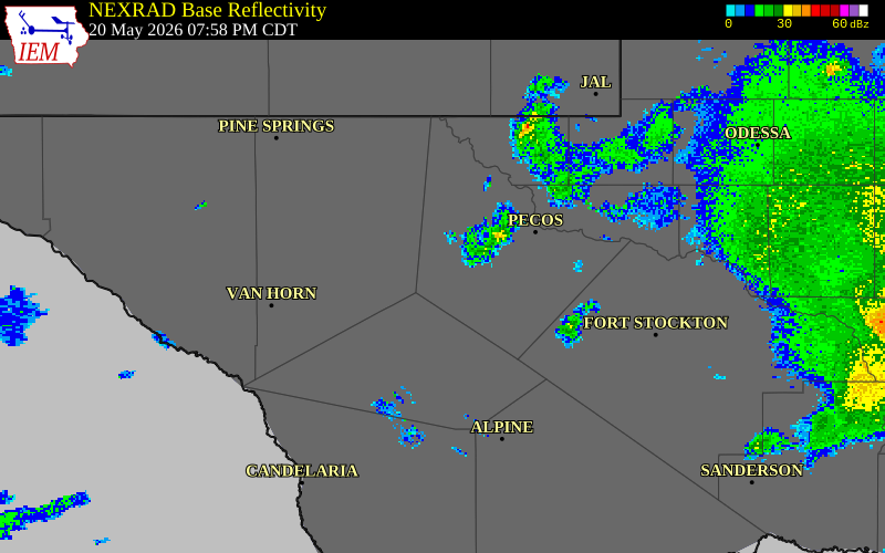 NEXRAD radar during the Wednesday, May 20, 2026 storm activity in Reeves County, Texas