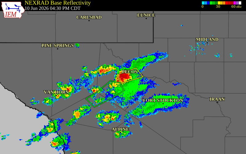 NEXRAD radar during the Wednesday, June 10, 2026 storm activity in Reeves County, Texas