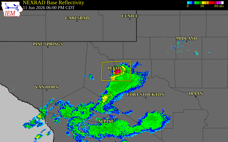 NEXRAD radar during the Thursday, June 11, 2026 storm activity in Reeves County, Texas