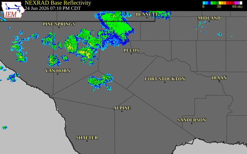 NEXRAD radar during the Wednesday, June 24, 2026 storm activity in Reeves County, Texas