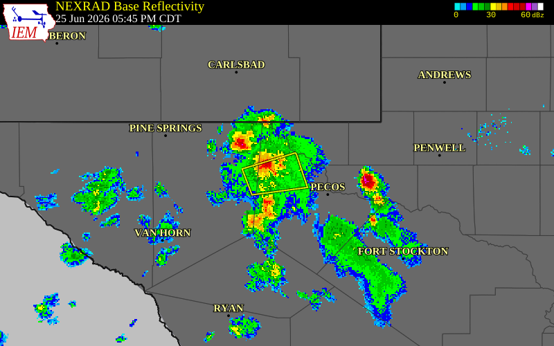 NEXRAD radar during the Thursday, June 25, 2026 storm activity in Reeves County, Texas