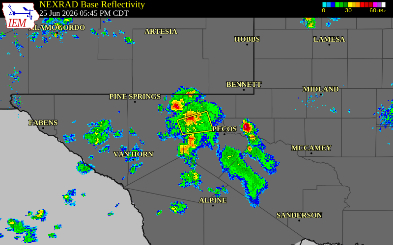 Radar snapshot during the Jun 25, 2026 wind event near 16 S Orla, Reeves County, Texas, with NWS warning polygons