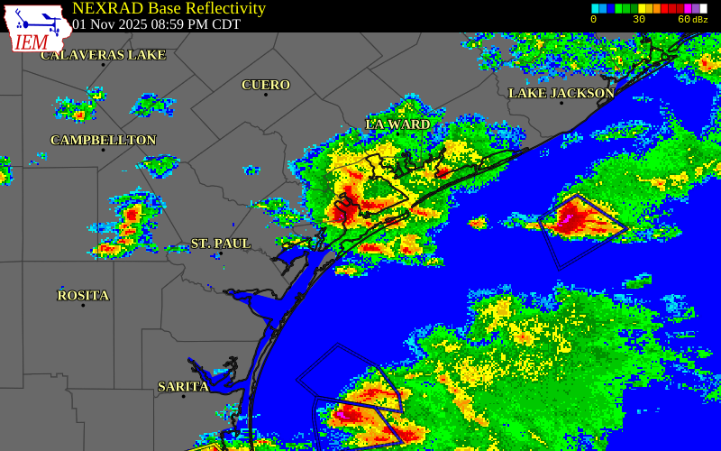 NEXRAD radar during the Saturday, November 1, 2025 storm activity in Refugio County, Texas