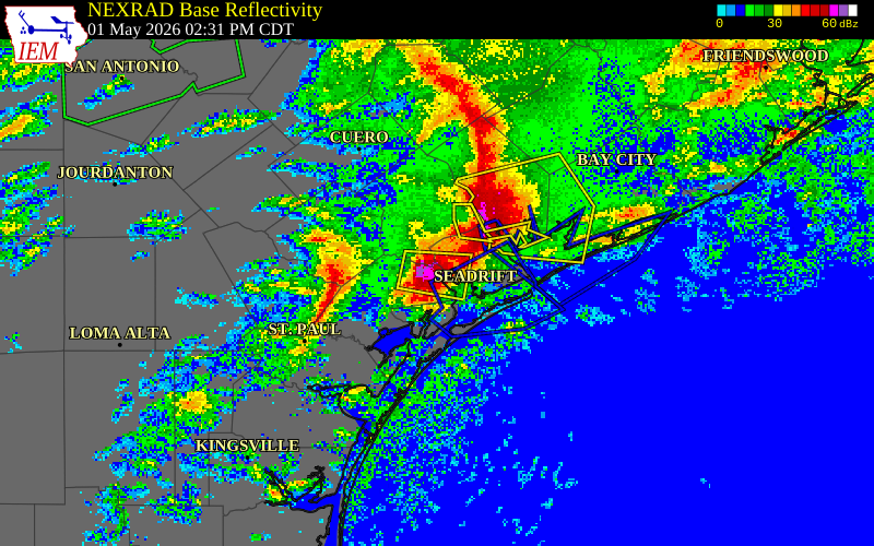 NEXRAD radar during the Friday, May 1, 2026 storm activity in Refugio County, Texas