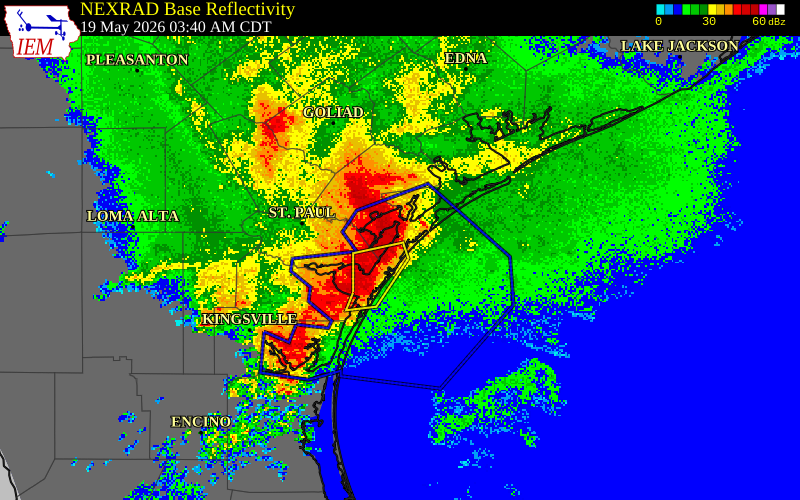 NEXRAD radar during the Tuesday, May 19, 2026 storm activity in Refugio County, Texas