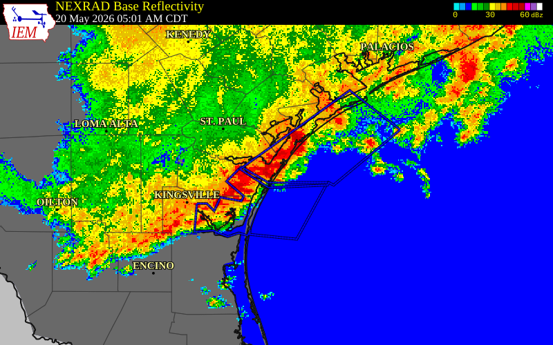 NEXRAD radar during the Wednesday, May 20, 2026 storm activity in Refugio County, Texas