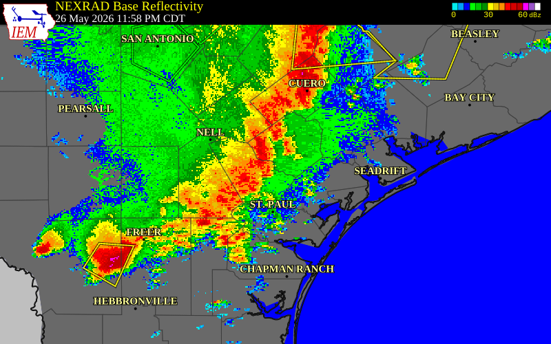 NEXRAD radar during the Tuesday, May 26, 2026 storm activity in Refugio County, Texas