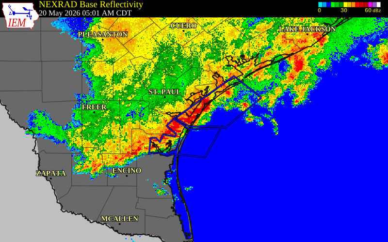 Radar snapshot during the May 20, 2026 wind event near Refugio County, Refugio County, Texas, with NWS warning polygons