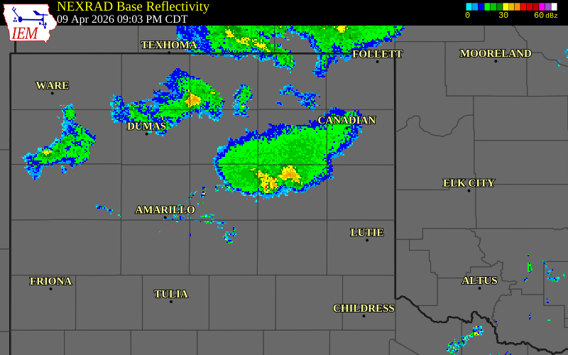 NEXRAD radar during the Thursday, April 9, 2026 storm activity in Roberts County, Texas