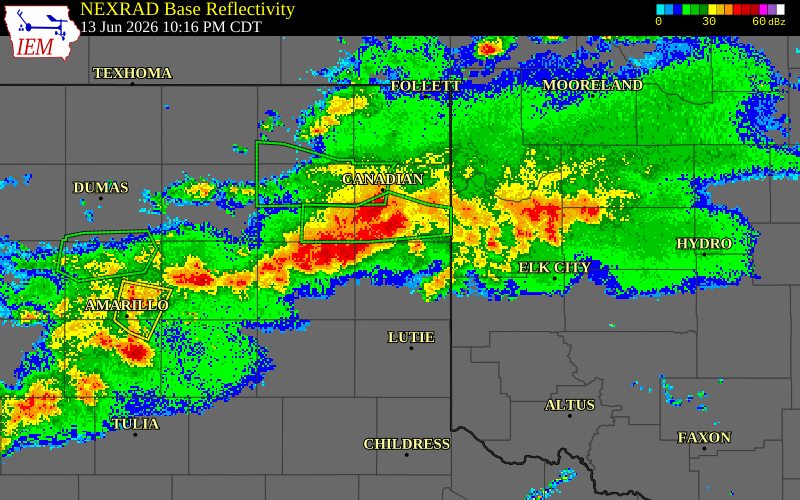 NEXRAD radar during the Saturday, June 13, 2026 storm activity in Roberts County, Texas