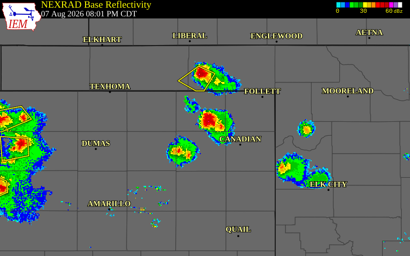 NEXRAD radar during the Friday, August 7, 2026 storm activity in Roberts County, Texas