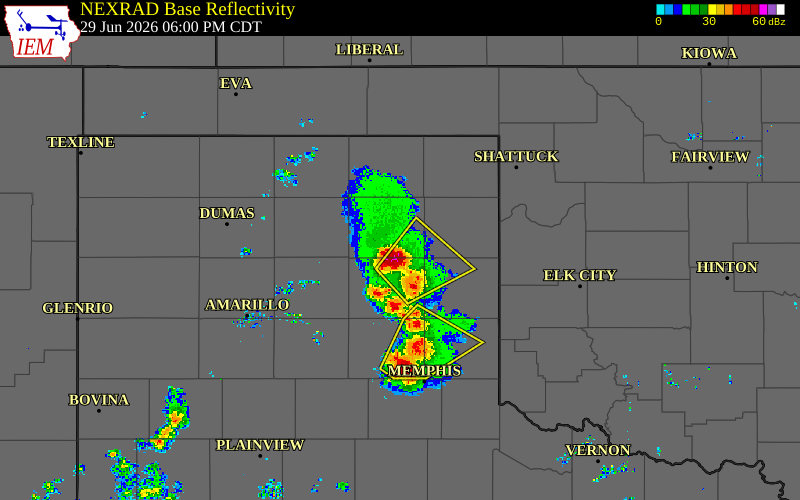 Radar snapshot during the Jun 29, 2026 wind event near 3 NNE Codman, Roberts County, Texas, with NWS warning polygons