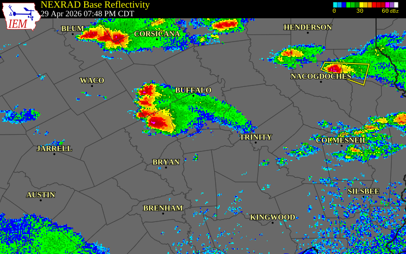 NEXRAD radar during the Wednesday, April 29, 2026 storm activity in Robertson County, Texas