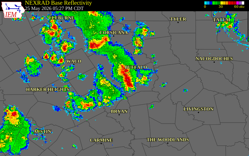 NEXRAD radar during the Monday, May 25, 2026 storm activity in Robertson County, Texas