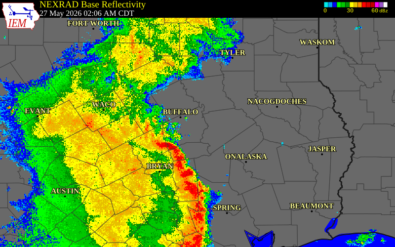 Radar snapshot during the May 27, 2026 wind event near Robertson County, Robertson County, Texas, with NWS warning polygons