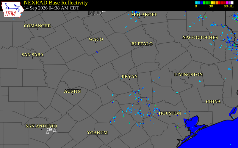 Current NEXRAD radar over Robertson County, Texas with recent storm report locations