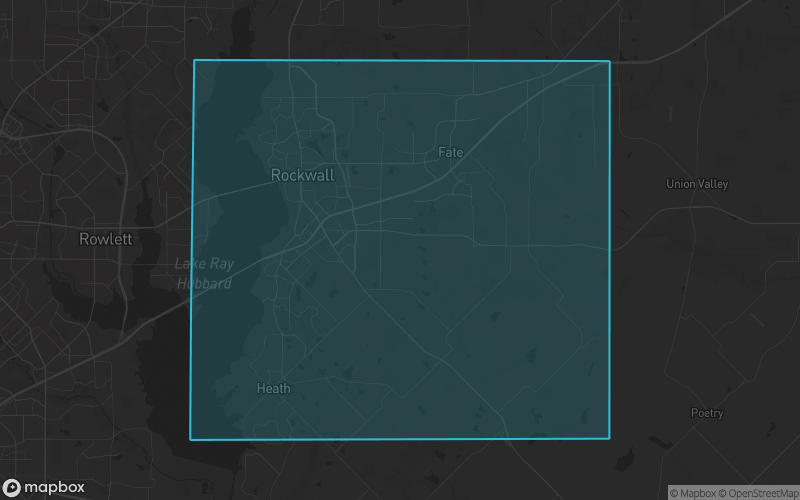 Map of Rockwall County, Texas showing the county boundary and surrounding cities