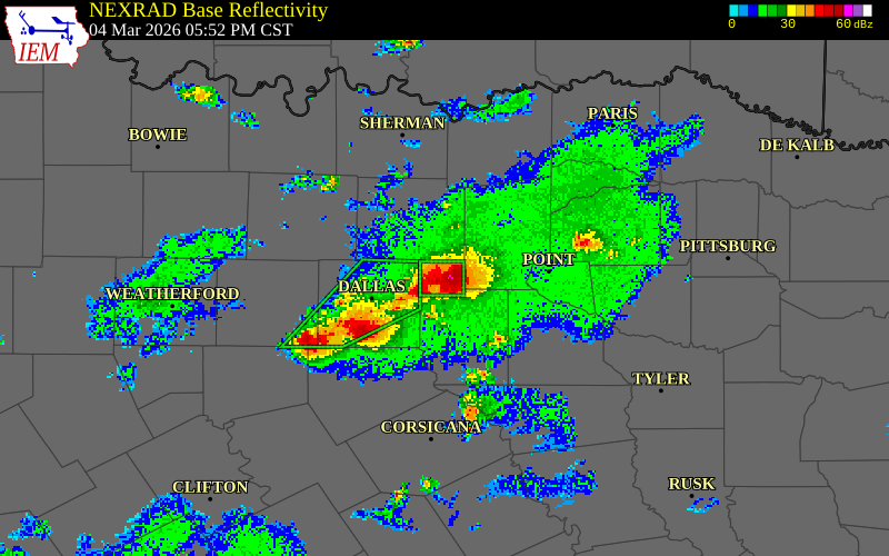 NEXRAD radar during the Wednesday, March 4, 2026 storm activity in Rockwall County, Texas