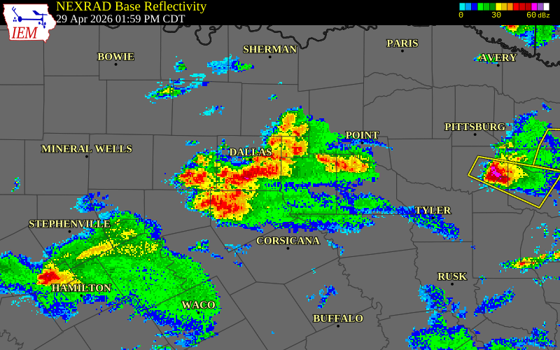 NEXRAD radar during the Wednesday, April 29, 2026 storm activity in Rockwall County, Texas