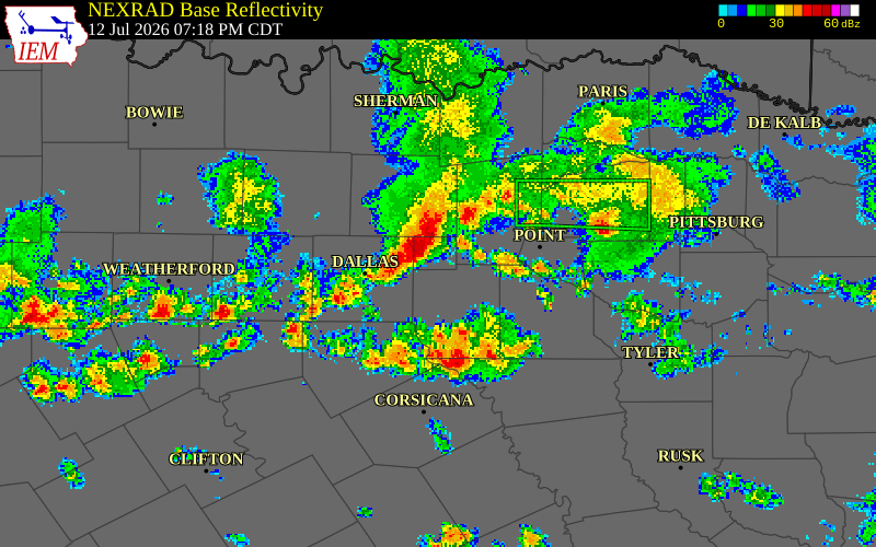 NEXRAD radar during the Sunday, July 12, 2026 storm activity in Rockwall County, Texas