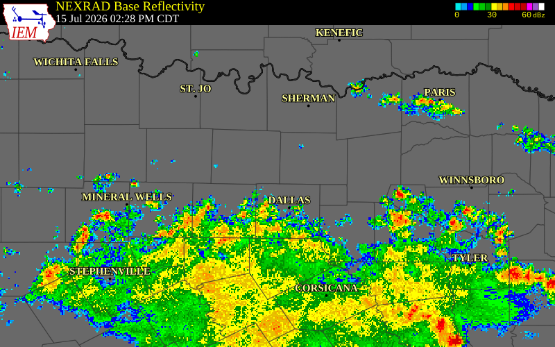 NEXRAD radar during the Wednesday, July 15, 2026 storm activity in Rockwall County, Texas