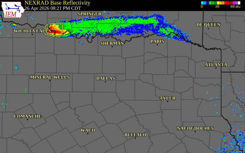 Radar snapshot during the Apr 26, 2026 hail event near 2 SE Fate, Rockwall County, Texas, with NWS warning polygons