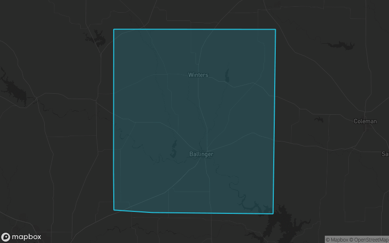 Map of Runnels County, Texas showing the county boundary and surrounding cities