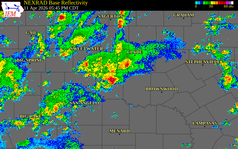 NEXRAD radar during the Saturday, April 11, 2026 storm activity in Runnels County, Texas