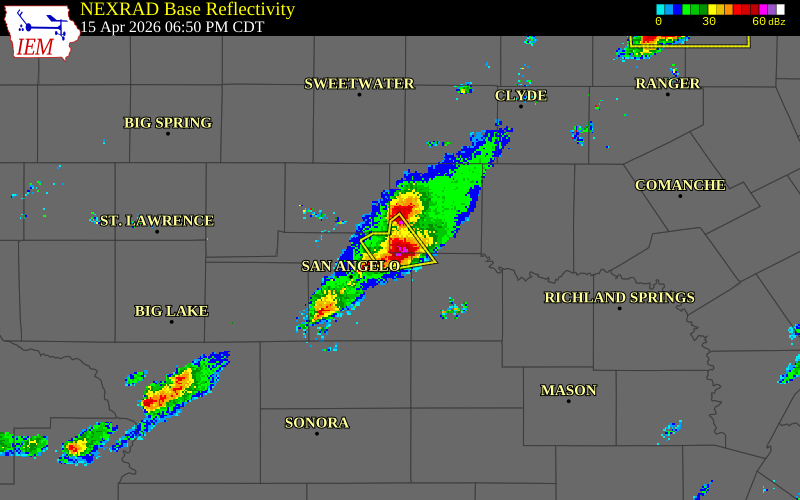NEXRAD radar during the Wednesday, April 15, 2026 storm activity in Runnels County, Texas
