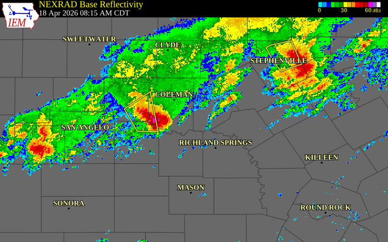 NEXRAD radar during the Saturday, April 18, 2026 storm activity in Runnels County, Texas