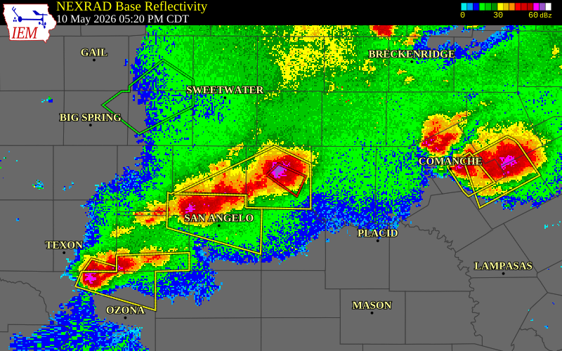 NEXRAD radar during the Sunday, May 10, 2026 storm activity in Runnels County, Texas