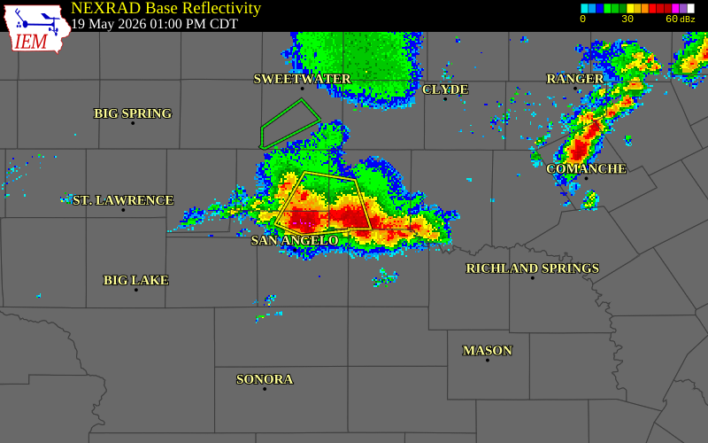 NEXRAD radar during the Tuesday, May 19, 2026 storm activity in Runnels County, Texas