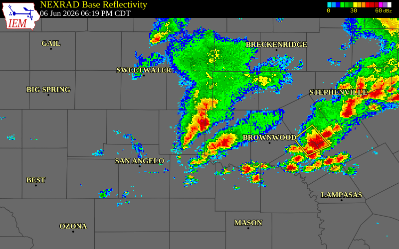 NEXRAD radar during the Saturday, June 6, 2026 storm activity in Runnels County, Texas