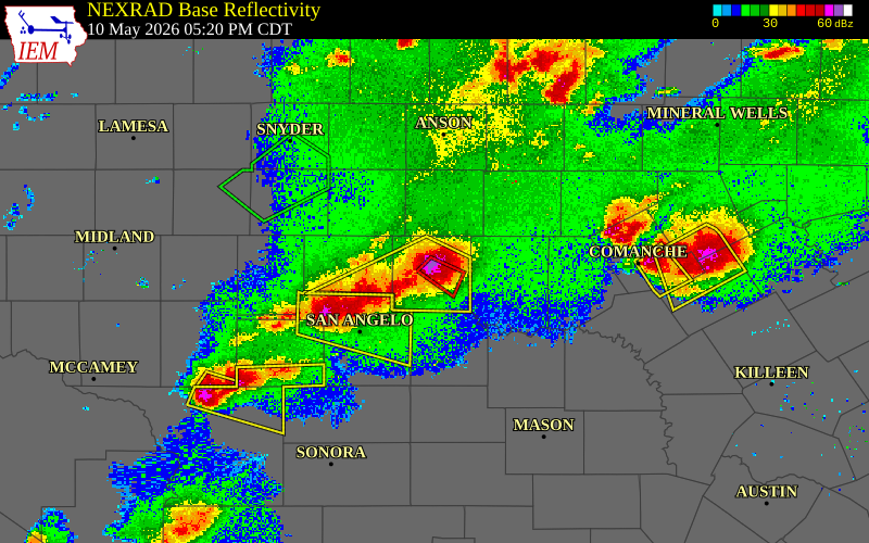 Radar snapshot during the May 10, 2026 hail event near Hatchel, Runnels County, Texas, with NWS warning polygons