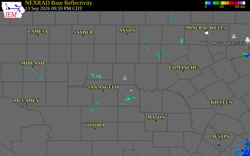 Current NEXRAD radar over Runnels County, Texas with recent storm report locations