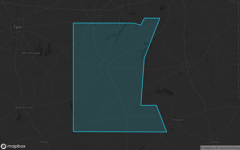 Map of Rusk County, Texas showing the county boundary and surrounding cities